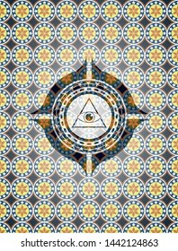 illuminati pyramid icon inside arabic style emblem. Arabesque decoration.