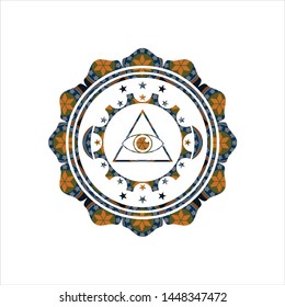 illuminati pyramid icon inside arabic style badge. Arabesque decoration.