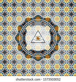 illuminati pyramid icon inside arabic badge. Arabesque decoration.
