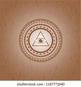 illuminati pyramid icon inside badge with wood background