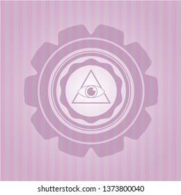 illuminati pyramid icon inside badge with pink background