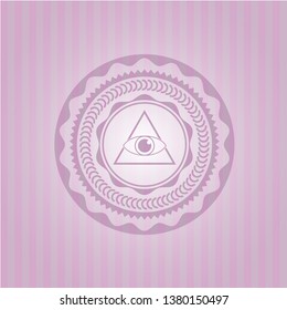 illuminati pyramid icon inside badge with pink background