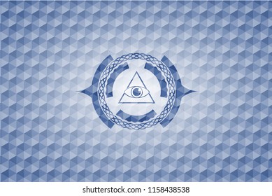 illuminati pyramid icon inside blue hexagon emblem.