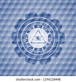 illuminati pyramid icon inside blue emblem or badge with geometric pattern background.