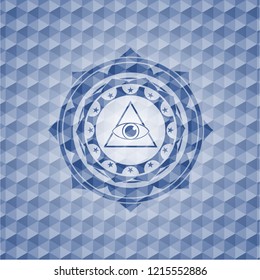 illuminati pyramid icon inside blue emblem or badge with geometric pattern background.