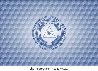 illuminati pyramid icon inside blue badge with geometric pattern.
