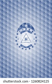 illuminati pyramid icon inside blue badge with geometric pattern background.