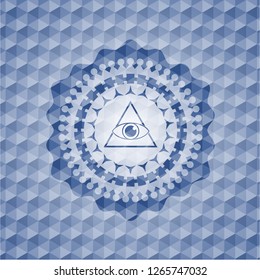 illuminati pyramid icon inside blue hexagon badge.