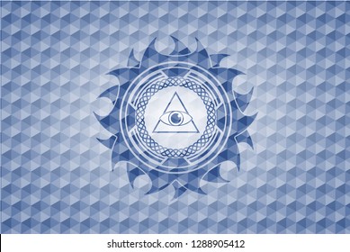 illuminati pyramid icon inside blue emblem with geometric pattern background.