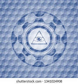 illuminati pyramid icon inside blue polygonal emblem.