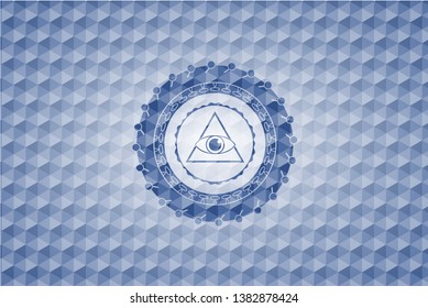 illuminati pyramid icon inside blue emblem or badge with geometric pattern background.