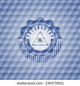 illuminati pyramid icon inside blue emblem or badge with abstract geometric pattern background.