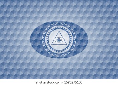 illuminati pyramid icon inside blue badge with geometric background.