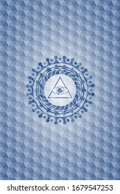 illuminati pyramid icon inside blue badge with geometric pattern.