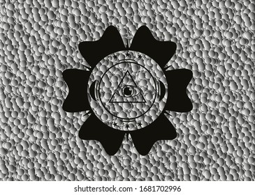 illuminati pyramid icon inside dark badge with grey bubbles background. Vector Illustration. Detailed.