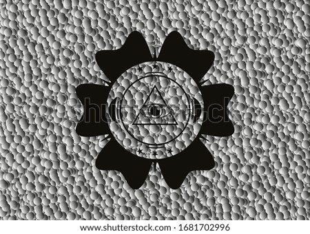illuminati pyramid icon inside dark badge with grey bubbles background. Vector Illustration. Detailed.