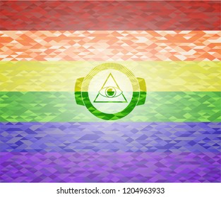 illuminati pyramid icon inside emblem on mosaic background with the colors of the LGBT flag