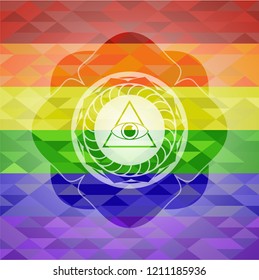 illuminati pyramid icon inside emblem on mosaic background with the colors of the LGBT flag