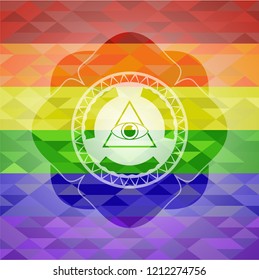 illuminati pyramid icon inside emblem on mosaic background with the colors of the LGBT flag