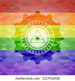 illuminati pyramid icon inside emblem on mosaic background with the colors of the LGBT flag