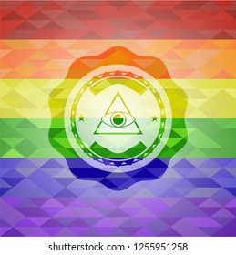 illuminati pyramid icon inside emblem on mosaic background with the colors of the LGBT flag