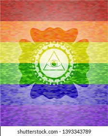 illuminati pyramid icon inside emblem on mosaic background with the colors of the LGBT flag