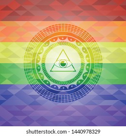 illuminati pyramid icon inside emblem on mosaic background with the colors of the LGBT flag