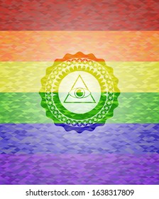 illuminati pyramid icon inside emblem on mosaic background with the colors of the LGBT flag