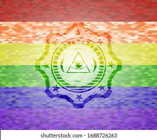 illuminati pyramid icon inside emblem on mosaic background with the colors of the LGBT flag