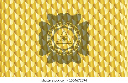 illuminati pyramid icon inside gold shiny emblem. Scales pattern. Vector Illustration. Detailed.