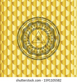 illuminati pyramid icon inside gold emblem or badge. Scales pattern. Vector Illustration. Detailed.