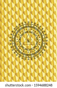 illuminati pyramid icon inside gold shiny badge. Scales pattern. Vector Illustration. Detailed.