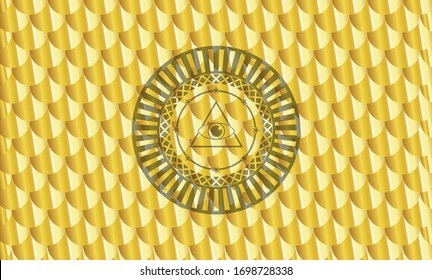 illuminati pyramid icon inside gold shiny emblem. Scales pattern. Vector Illustration. Detailed.