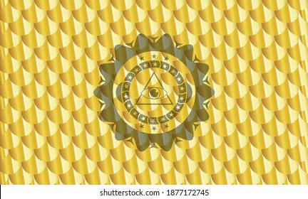 illuminati pyramid icon inside gold emblem or badge. Scales pattern. Vector Illustration. Detailed. 