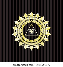 illuminati pyramid icon inside gold emblem. 