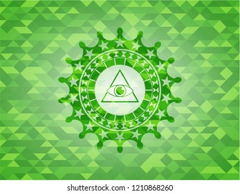 illuminati pyramid icon inside green emblem. Mosaic background