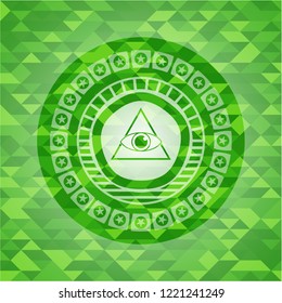 illuminati pyramid icon inside green mosaic emblem