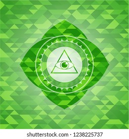 illuminati pyramid icon inside green emblem. Mosaic background