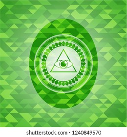 illuminati pyramid icon inside green emblem. Mosaic background