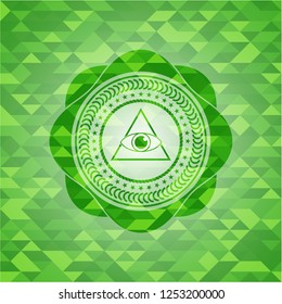 illuminati pyramid icon inside green emblem with triangle mosaic background