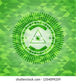 illuminati pyramid icon inside green emblem. Mosaic background