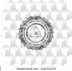 illuminati pyramid icon inside grey icon or emblem with geometric cube white background