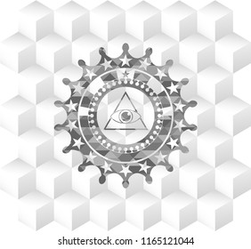 illuminati pyramid icon inside grey emblem. Vintage with geometric cube white background