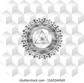 illuminati pyramid icon inside grey badge with geometric cube white background