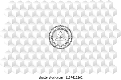 illuminati pyramid icon inside grey emblem with cube white background