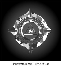 illuminati pyramid icon inside grey camouflage texture