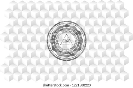 illuminati pyramid icon inside grey emblem. Vintage with geometric cube white background