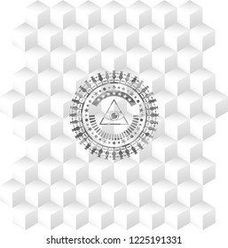 illuminati pyramid icon inside grey emblem with geometric cube white background