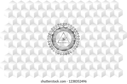 illuminati pyramid icon inside grey emblem. Vintage with geometric cube white background