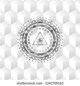illuminati pyramid icon inside grey badge with geometric cube white background